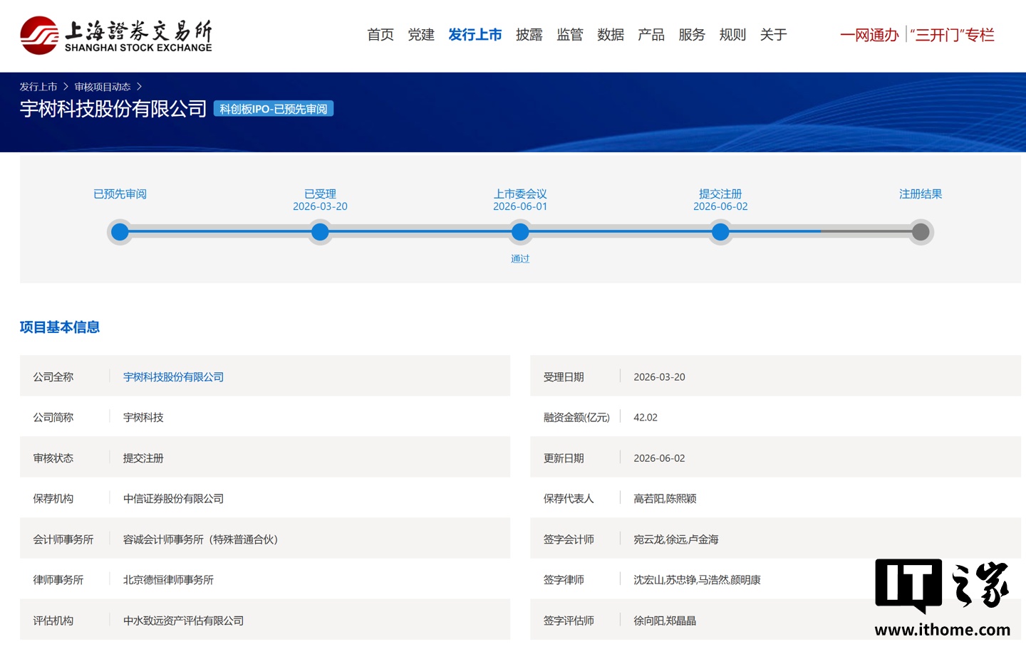 宇树科技科创板 IPO 审核状态更新为“提交注册”：拟募资 42.02 亿元，冲刺 A 股人形机器人第一股