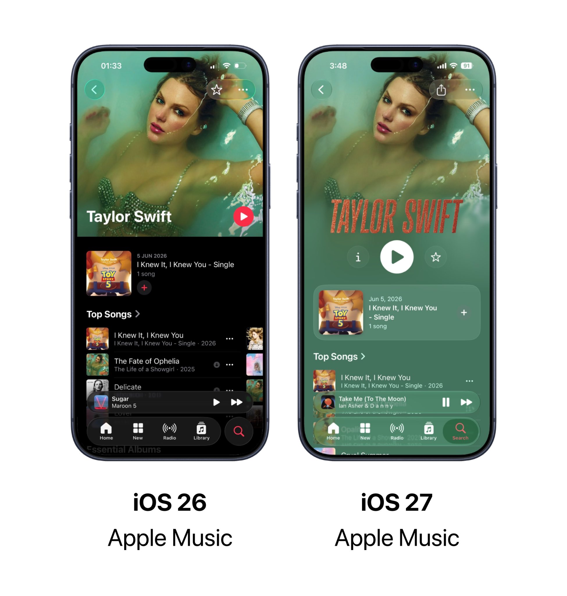 苹果 iOS 27 版 Apple Music 升级歌手页面：播放按钮更醒目