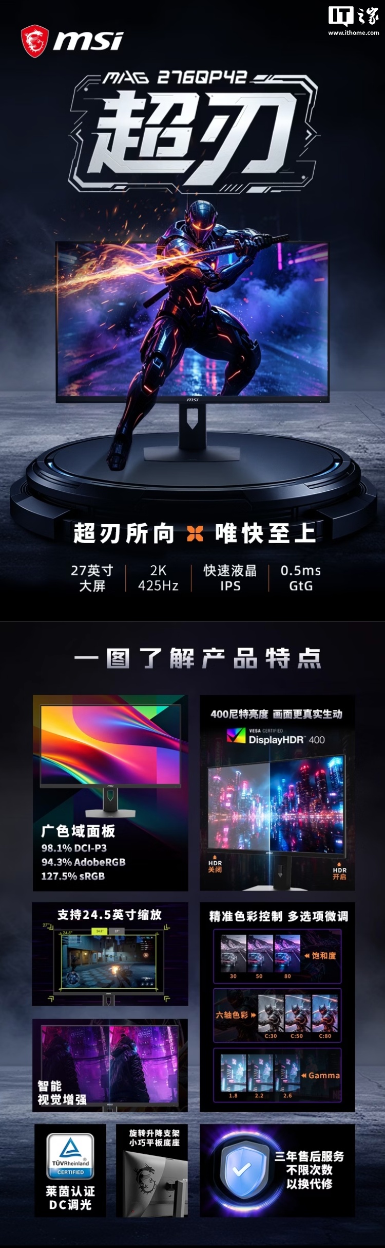 微星“MAG 276QP42”27 英寸显示器发售：2K 425Hz，2199 元